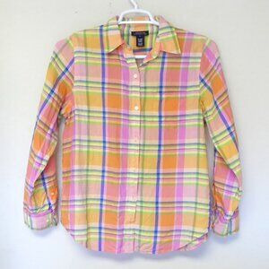 Jones New York signature pink orange blue linen plaid button up shirt size large